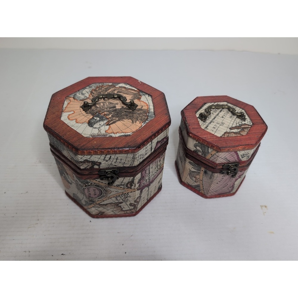 Set Of 2 Via Vee World Wooden Lidded Octagon Shaped Boxes With Latch And Handle